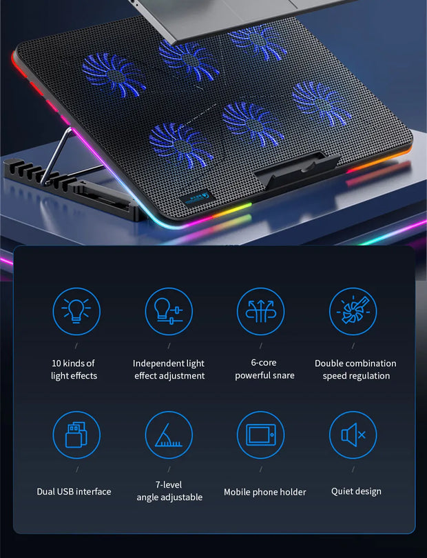 TISHRIC Laptop Cooler PC Fan Cooler Notebook Stand For Laptop Cooling Pad 6 Quiet Fans Cooling Radiator Laptop Accessories