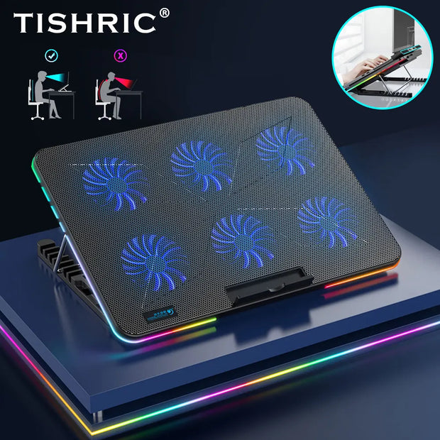 TISHRIC Laptop Cooler PC Fan Cooler Notebook Stand For Laptop Cooling Pad 6 Quiet Fans Cooling Radiator Laptop Accessories