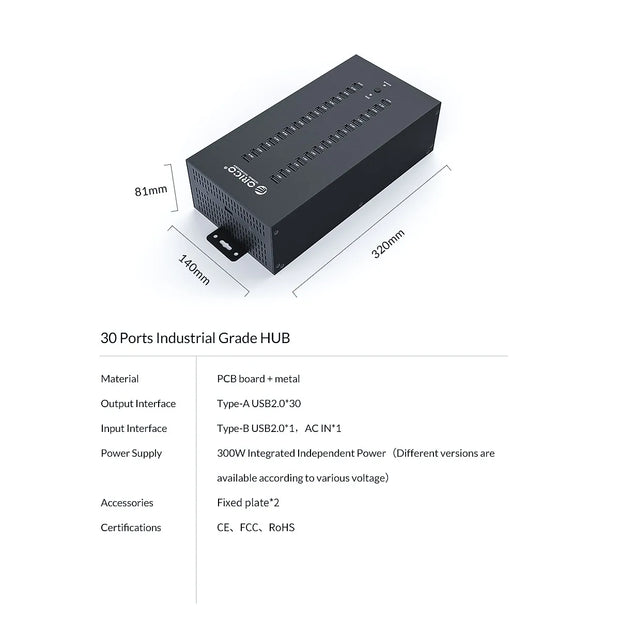 ORICO USB HUB 20 30 Ports USB 2.0 Hub Splitter for U Disk Data Test Batch Replication with 300W Power for Laptop Accessories