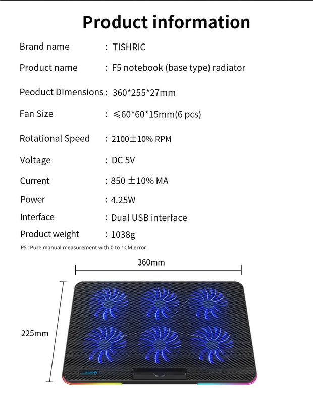 TISHRIC 12-17 Inch Gaming Laptop Cooling Pad Cooler Base Adjustable Notebook Stand Cooling Radiator Fan Laptop Accessories
