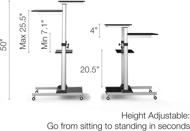 Rolling Desk Laptop - Standing or Sitting Mobile Computer Cart with Wheels, Adjustable Height & 27.5-inch Surface - Portable