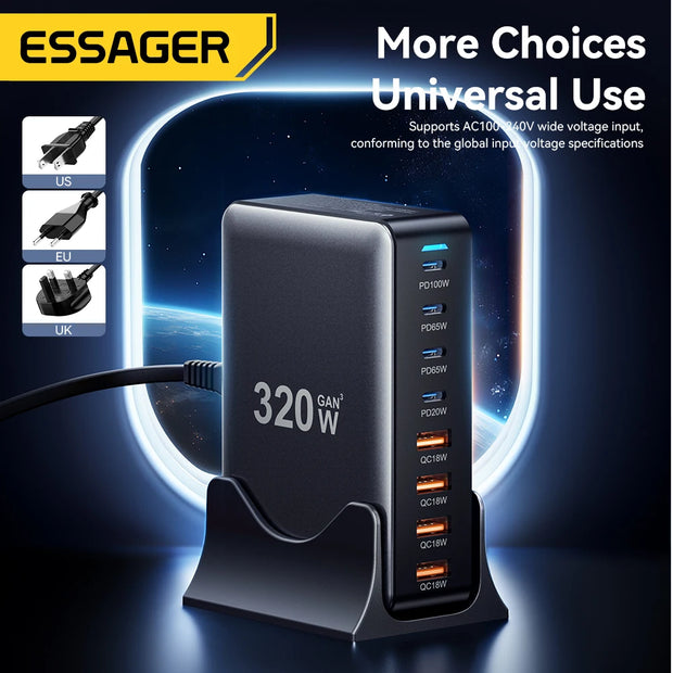Essager 320W GaN Charger USB C Fast Desktop 8-port USB A Type C PD Charger Fast Charging for iPhone16 15 Samsung MacBook Laptop