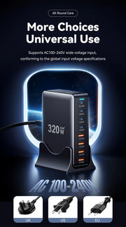 Essager 320W GaN Charger USB C Fast Desktop 8-port USB A Type C PD Charger Fast Charging for iPhone16 15 Samsung MacBook Laptop