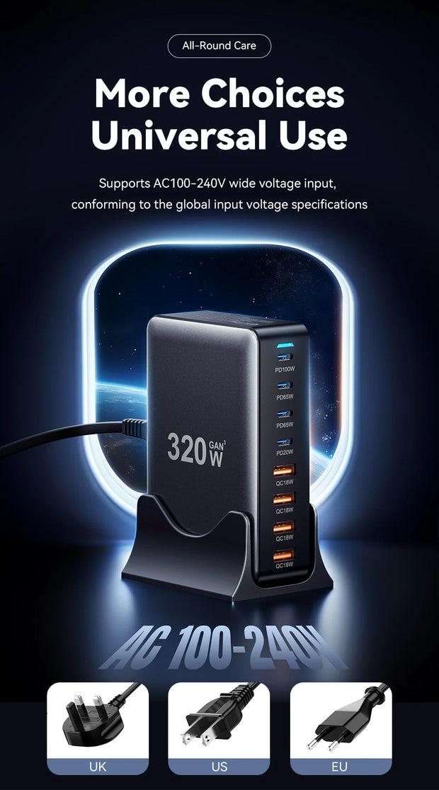 Essager 320W GaN Charger USB C Fast Desktop 8-port USB A Type C PD Charger Fast Charging for iPhone16 15 Samsung MacBook Laptop