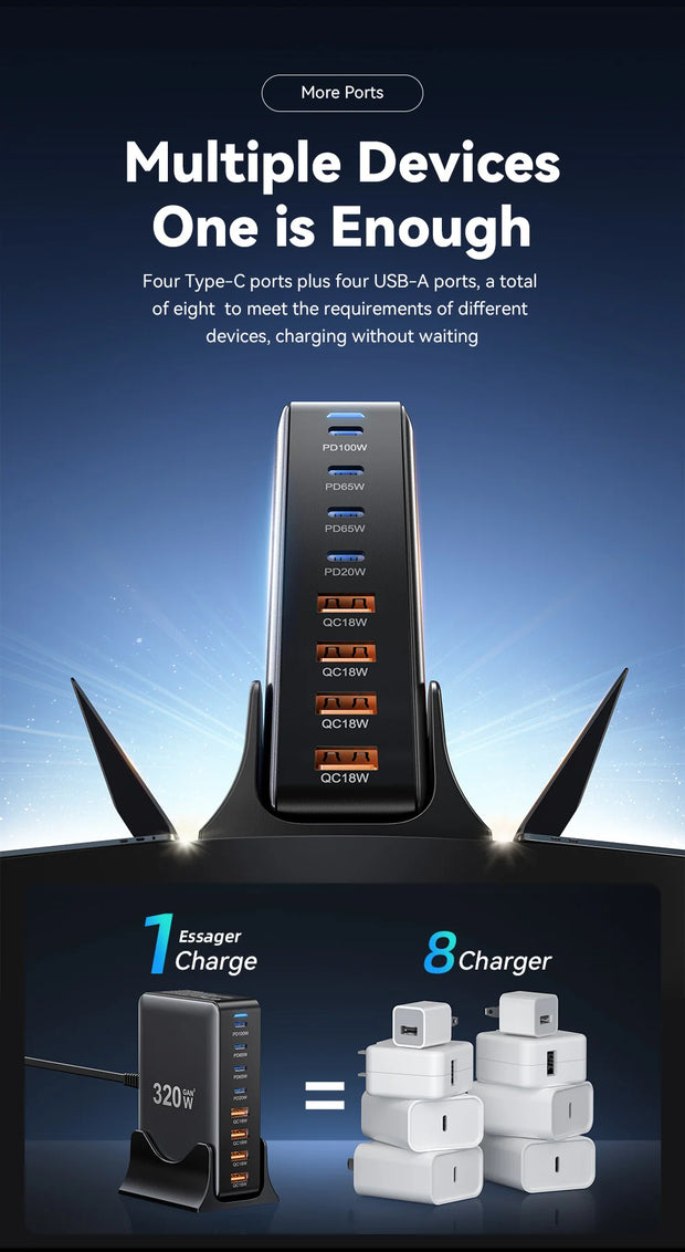 Essager 320W GaN Charger USB C Fast Desktop 8-port USB A Type C PD Charger Fast Charging for iPhone16 15 Samsung MacBook Laptop