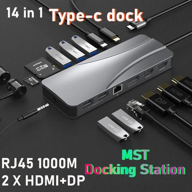 14 In 1 Docking Station, Thunderbolt 3/4 USB-C Splitter HDMI 4K Port Hub Dock for Air Mac Apple MacBook Pro Laptop Accessories
