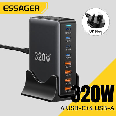 Essager 320W GaN Charger USB C Fast Desktop 8-port USB A Type C PD Charger Fast Charging for iPhone16 15 Samsung MacBook Laptop