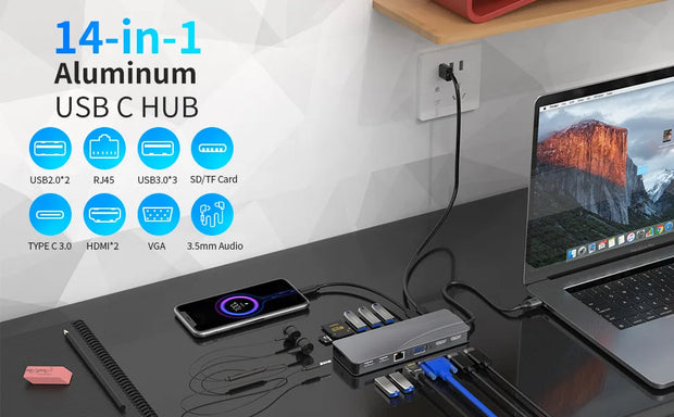 14 In 1 Docking Station, Thunderbolt 3/4 USB-C Splitter HDMI 4K Port Hub Dock for Air Mac Apple MacBook Pro Laptop Accessories
