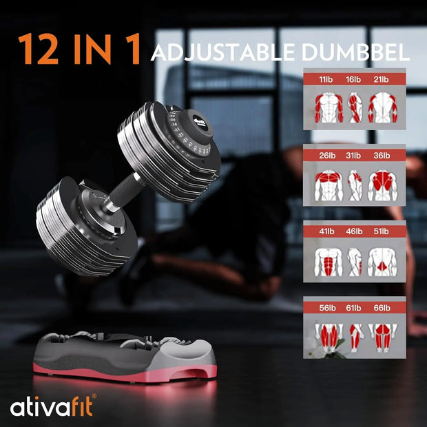 27.5 LBS/66LBS/88LBS Adjustable Dumbbell Set with Anti-slip Handle 12 In 1 Quick Dial Adjustment Weights With Safety Lo