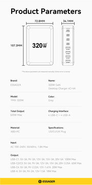 Essager 320W GaN Charger USB C Fast Desktop 8-port USB A Type C PD Charger Fast Charging for iPhone16 15 Samsung MacBook Laptop