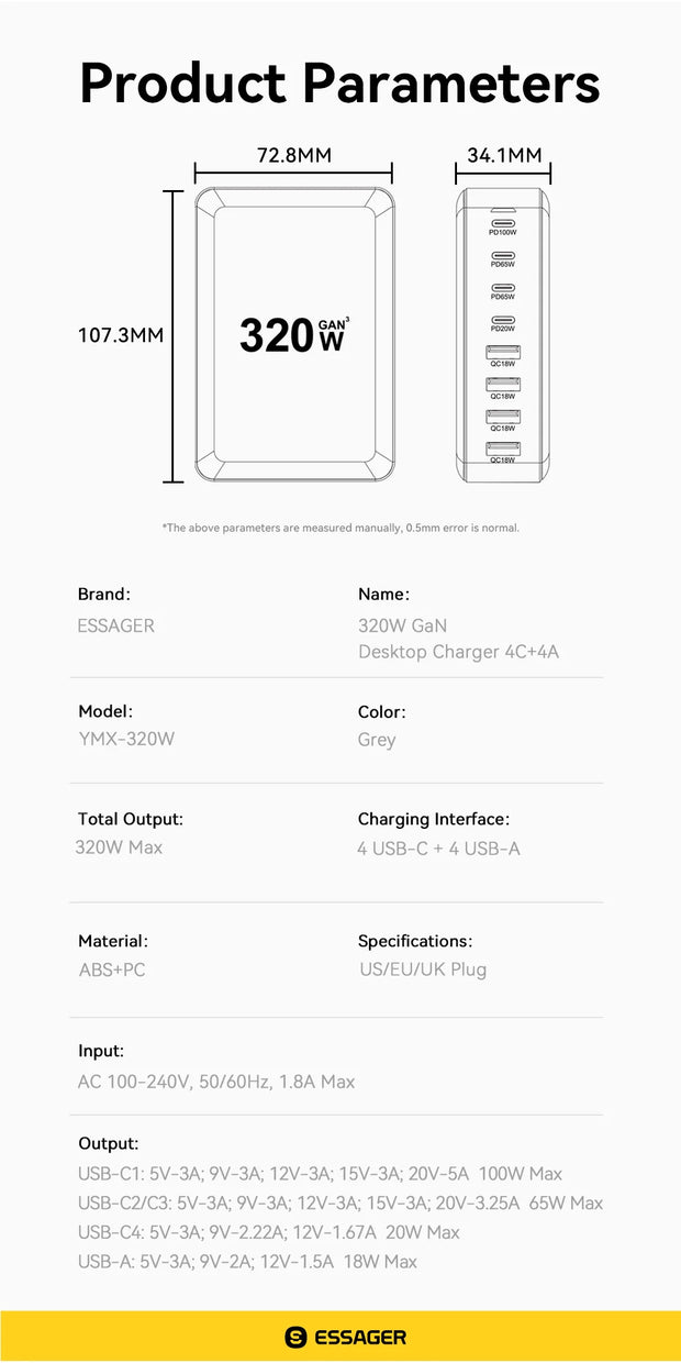 Essager 320W GaN Charger USB C Fast Desktop 8-port USB A Type C PD Charger Fast Charging for iPhone16 15 Samsung MacBook Laptop