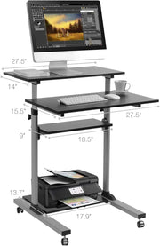 Rolling Desk Laptop - Standing or Sitting Mobile Computer Cart with Wheels, Adjustable Height & 27.5-inch Surface - Portable