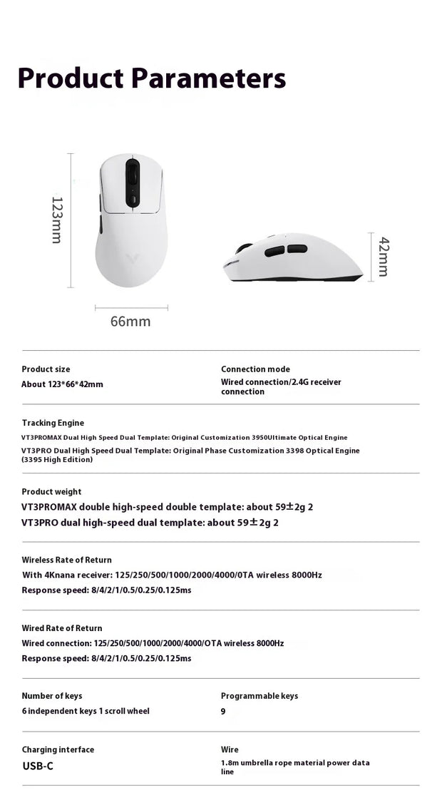 Rapoo Vt3pro Max Wireless Mouse Wired Dual Mode Paw3950 4k/8k Return Rate Ergonomics Lightweight Gaming Mice Laptop Accessories