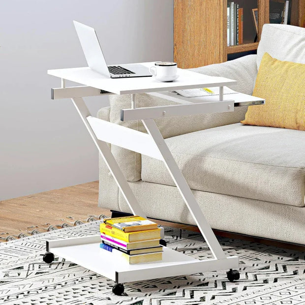 Small Rolling Computer Desk, Z Shape Laptop Desk Cart on Wheels, Mobile Computer Workstation Home and Office with Keyboard T