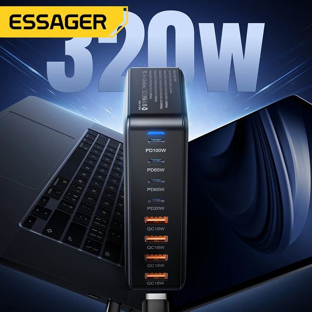 Essager 320W GaN Charger USB C Fast Desktop 8-port USB A Type C PD Charger Fast Charging for iPhone16 15 Samsung MacBook Laptop
