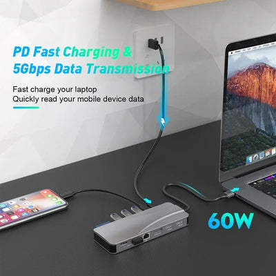 14 In 1 Docking Station, Thunderbolt 3/4 USB-C Splitter HDMI 4K Port Hub Dock for Air Mac Apple MacBook Pro Laptop Accessories