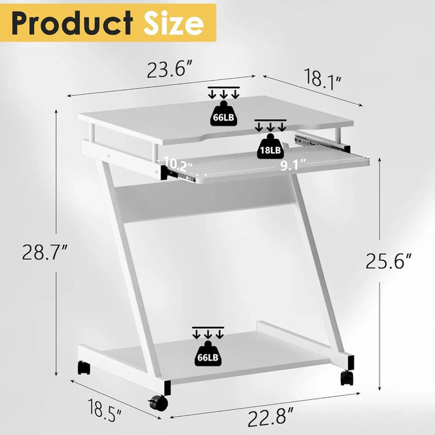 Small Rolling Computer Desk, Z Shape Laptop Desk Cart on Wheels, Mobile Computer Workstation Home and Office with Keyboard T