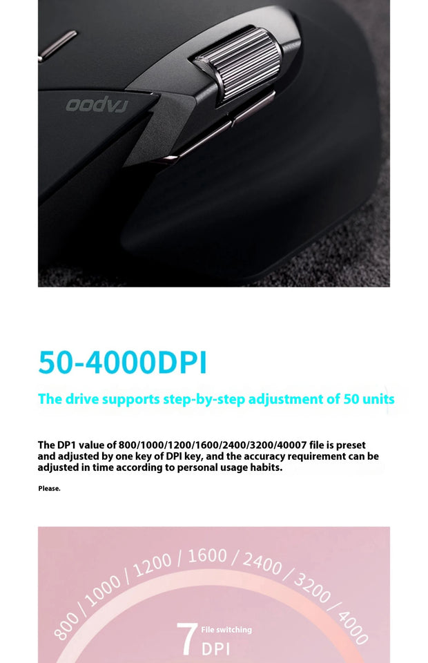 RAPOO MT760 Mouse Bluetooth Wireless Tri Mode Ergonomics Mouse Gamer Accessory for Computer Pc Laptop Gaming Office for Gift