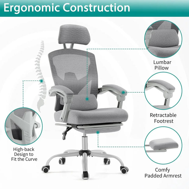 Office Computer Desk Chair, Gaming Chairs for Adults, High-Back Mesh Rolling Swivel Reclining Chairs with Wheels, Comfortable Lu