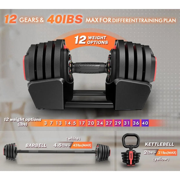 3-in-1 Adjustable Dumbbell Set 40lbs with 12 Weight Increment, Multifuntion Free Weight Set for Home Gym Used as Dumbbell