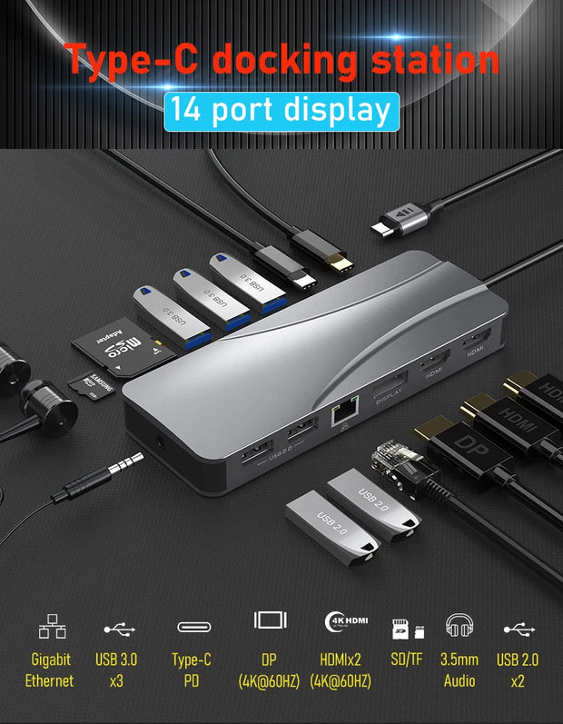 14 In 1 Docking Station, Thunderbolt 3/4 USB-C Splitter HDMI 4K Port Hub Dock for Air Mac Apple MacBook Pro Laptop Accessories