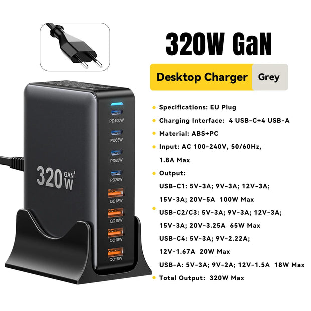 Essager 320W GaN Charger USB C Fast Desktop 8-port USB A Type C PD Charger Fast Charging for iPhone16 15 Samsung MacBook Laptop