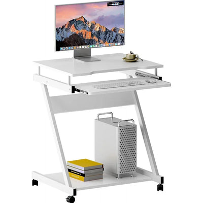 Small Rolling Computer Desk, Z Shape Laptop Desk Cart on Wheels, Mobile Computer Workstation Home and Office with Keyboard T