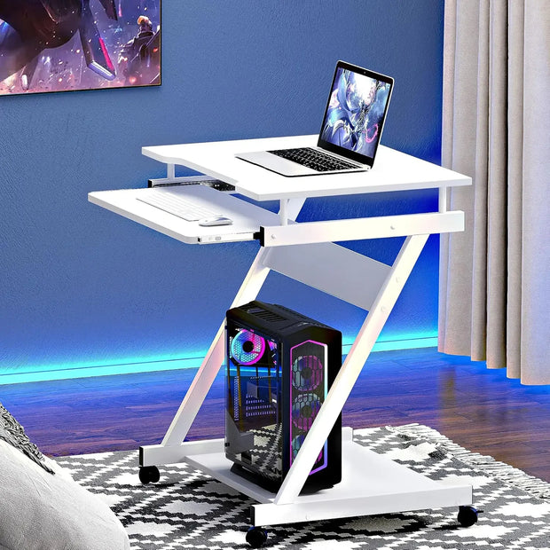 Small Rolling Computer Desk, Z Shape Laptop Desk Cart on Wheels, Mobile Computer Workstation Home and Office with Keyboard T