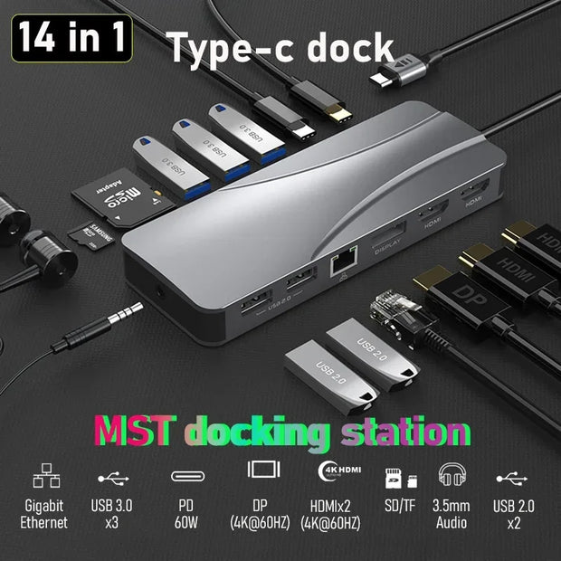 14 In 1 Docking Station, Thunderbolt 3/4 USB-C Splitter HDMI 4K Port Hub Dock for Air Mac Apple MacBook Pro Laptop Accessories