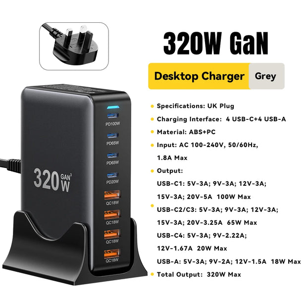 Essager 320W GaN Charger USB C Fast Desktop 8-port USB A Type C PD Charger Fast Charging for iPhone16 15 Samsung MacBook Laptop