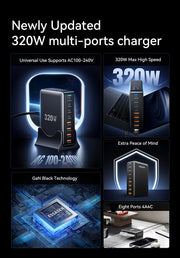 Essager 320W GaN Charger USB C Fast Desktop 8-port USB A Type C PD Charger Fast Charging for iPhone16 15 Samsung MacBook Laptop