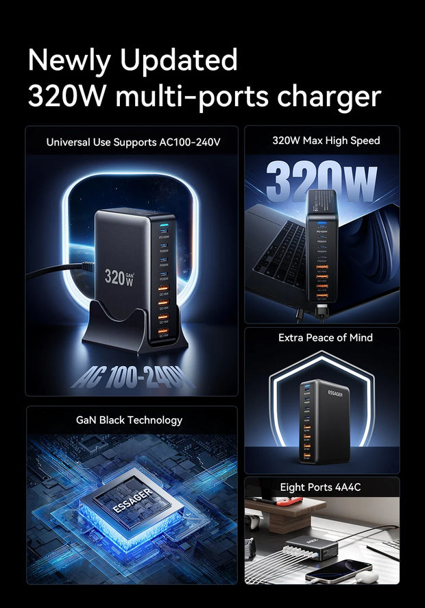 Essager 320W GaN Charger USB C Fast Desktop 8-port USB A Type C PD Charger Fast Charging for iPhone16 15 Samsung MacBook Laptop