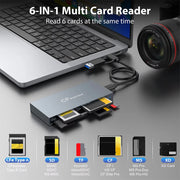 6 in 1 Type-C & USB A Multi Memory Card Reader USB3.2 Gen2 10Gbps Read 6 Cards Simultaneously with Cable PC Laptop Accessories