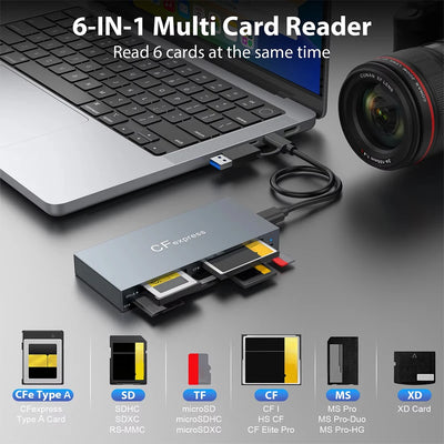 6 in 1 Type-C & USB A Multi Memory Card Reader USB3.2 Gen2 10Gbps Read 6 Cards Simultaneously with Cable PC Laptop Accessories