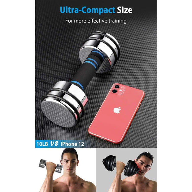 Steel Dumbbells Ultracompact & Adjustable Chrome Dumbbell with Foam Handles 10lb Home Gym Workout (Choice of Size) Freight free