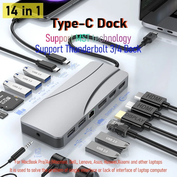 14 In 1 Docking Station, Thunderbolt 3/4 USB-C Splitter HDMI 4K Port Hub Dock for Air Mac Apple MacBook Pro Laptop Accessories