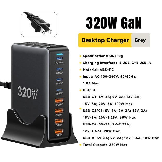 Essager 320W GaN Charger USB C Fast Desktop 8-port USB A Type C PD Charger Fast Charging for iPhone16 15 Samsung MacBook Laptop