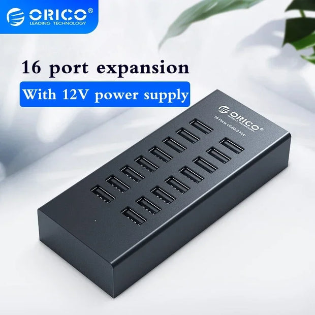 ORICO 16 Port USB HUB with 12V Power Adapter Industrial Aluminum USB Splitter For Desktop Laptop Computer Accessories SuperSpeed